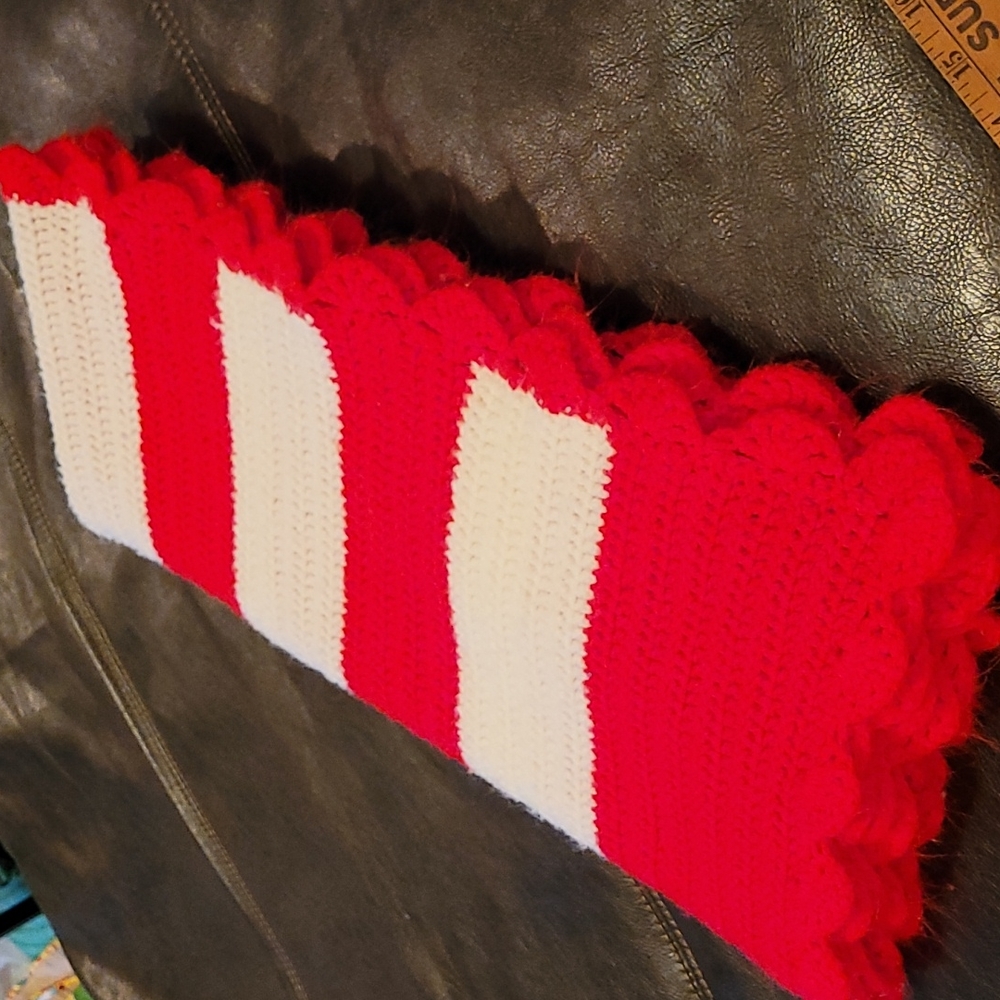 Handmade crocheted red/white baby blanket approx 43×47 inches